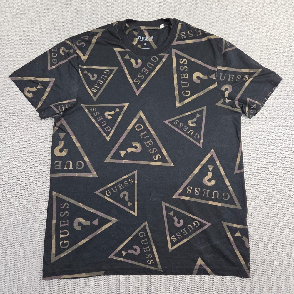 Guess Jeans Shirt Mens Small Black Crew Neck AOP All Over Print Short Sleeve